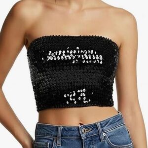 Black Sequin Cropped Strapless Bandeau Stretch Tube Top